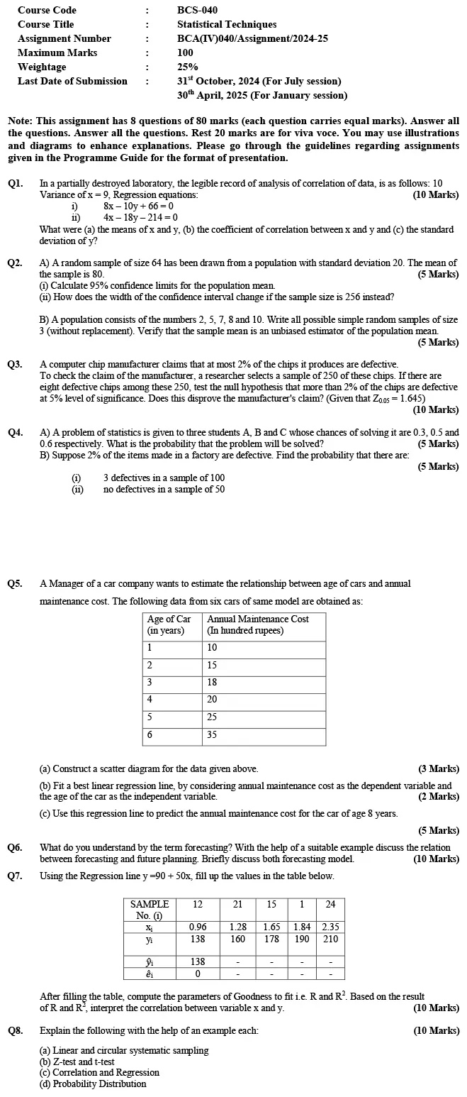 BCS-40 - Statistical Techniques-July 2024 - January 2025