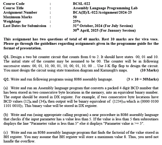 BCSL-22 - Assembly Language Programming Lab-July 2024 - January 2025