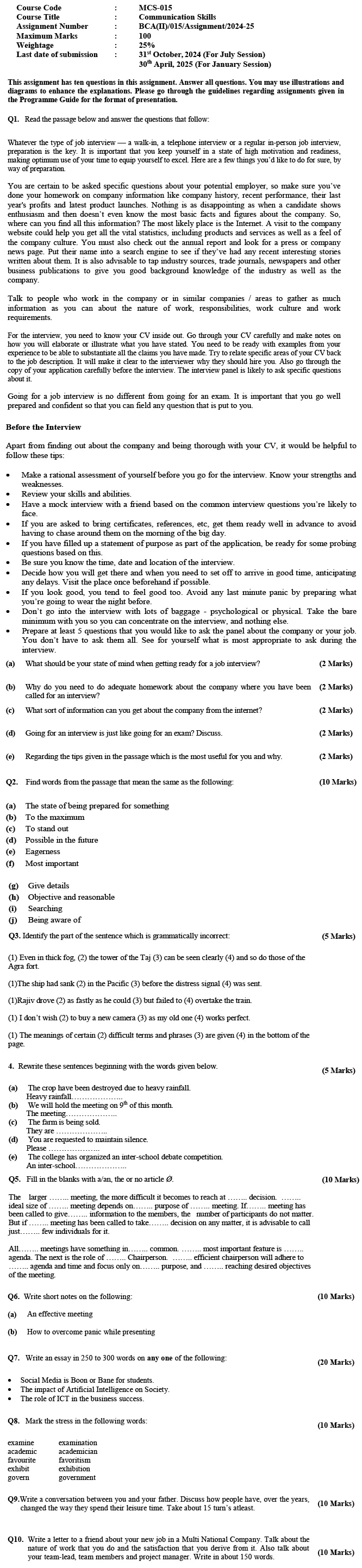 MCS-15 - Communication Skills-July 2024 - January 2025