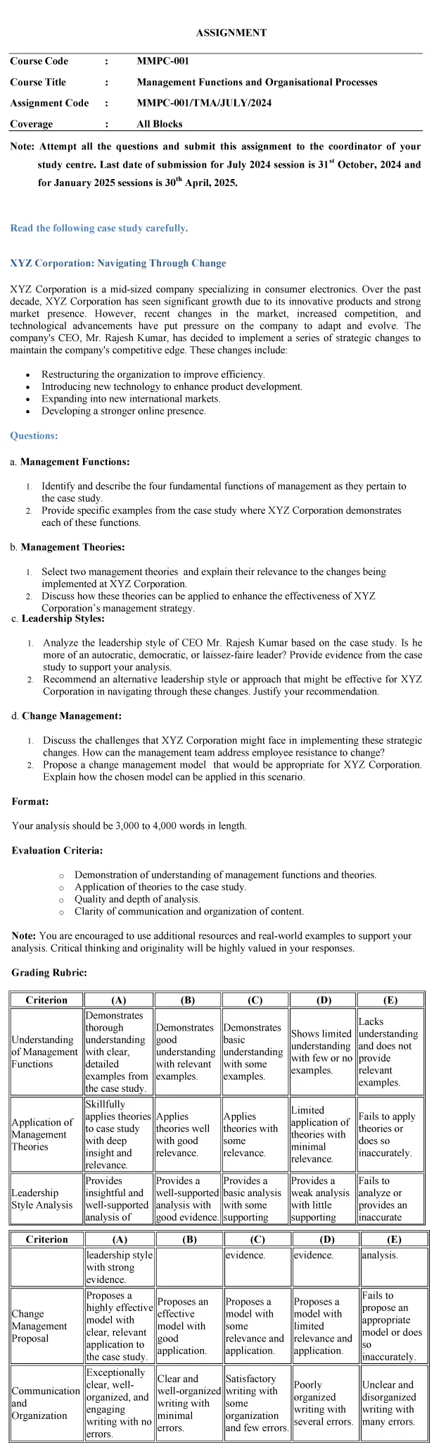 MMPC-01 - Management Functions and Organisational Processes-July 2024 - January 2025