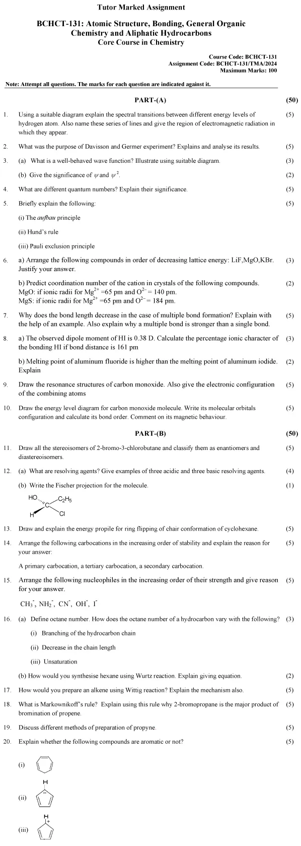 BCHCT-131 - Atomic Structure, Bonding, General Organic Chemistry and Aliphatic Hydrocarbons-January 2024 - December 2024