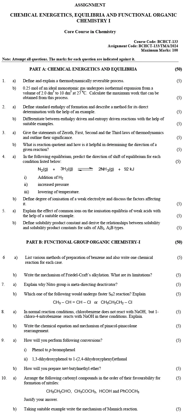 BCHCT-133 - Chemical Energetics, Equilibria and Functional Group Organic Chemistry-I-January 2024 - December 2024