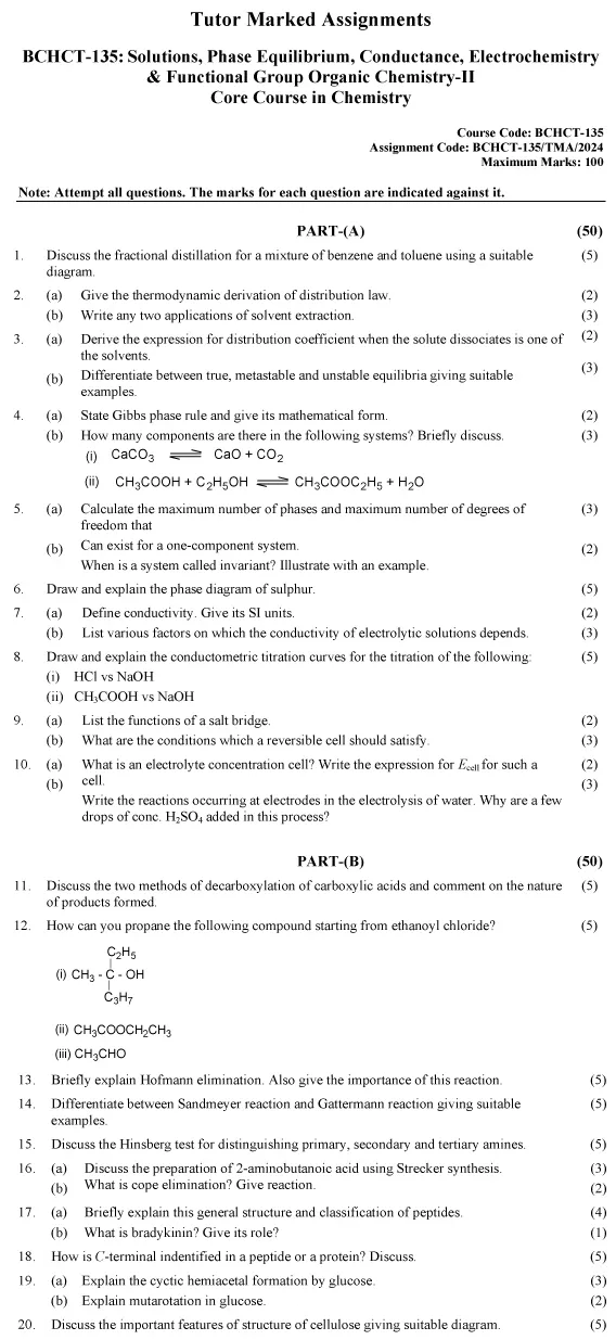 BCHCT-135 - Solutions, Phase equilibrium, Conductance, Electrochemistry and Functional Group Organic Chemistry-II-January 2024 - December 2024