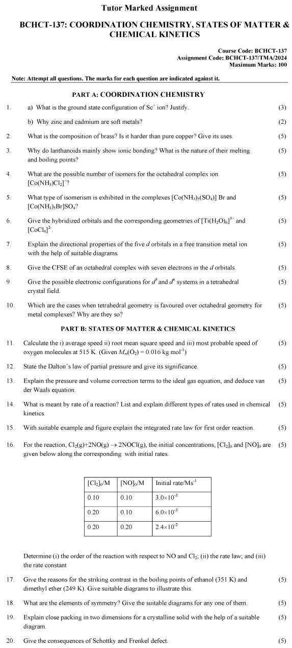 BCHCT-137 - Coordination Chemistry, States of Matter and Chemical Kinetics-January 2024 - December 2024