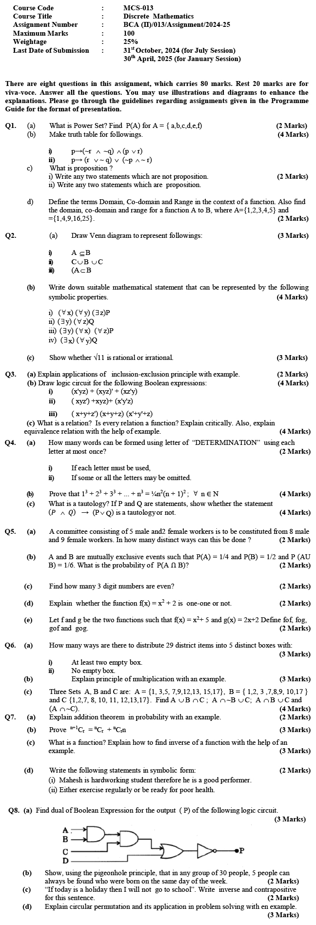 MCS-13 - Discrete Mathematics-July 2024 - January 2025