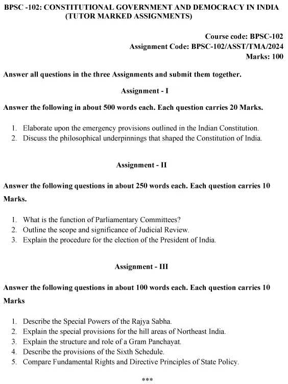 BPSC-102 - Constitutional Government and Democracy In India-BAM-January 2024 - July 2024