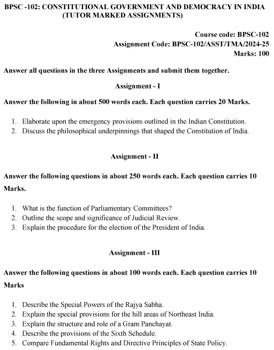 BPSC-102 - Constitutional Government and Democracy in India-July 2024 - January 2025