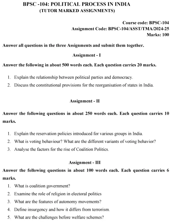 BPSC-104 - Political Process in India-July 2024 - January 2025