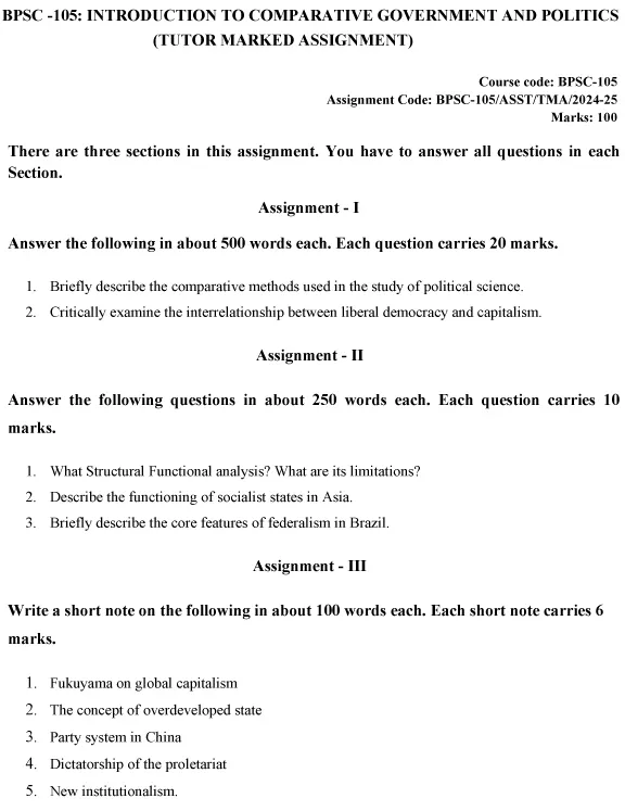 BPSC-105 - Introduction to Comparative Government and Politics-July 2024 - January 2025