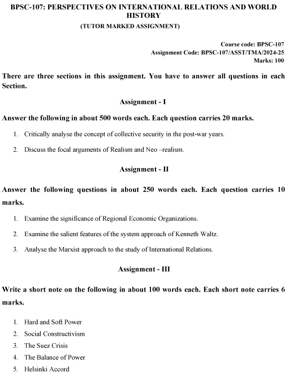 BPSC-107 - Perspectives on International Relations and World History-July 2024 - January 2025