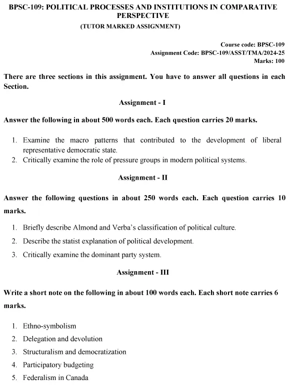 BPSC-109 - Political Processes and Institutions in Comparative Perspective-July 2024 - January 2025