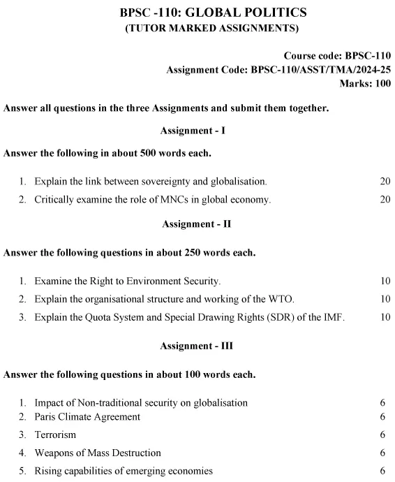 BPSC-110 - Global Politics-July 2024 - January 2025