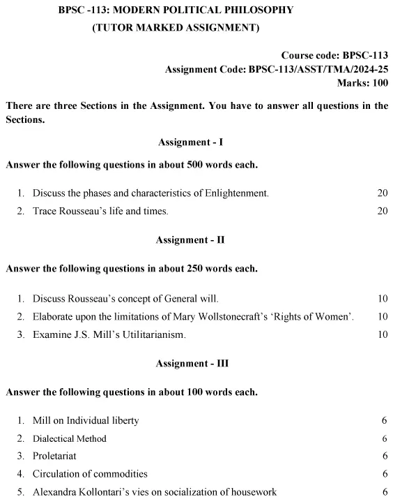 BPSC-113 - Modern Political Philosophy-July 2024 - January 2025