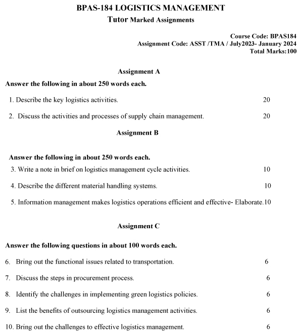 BPAS-184 - Logistics Management-July 2023 - January 2024