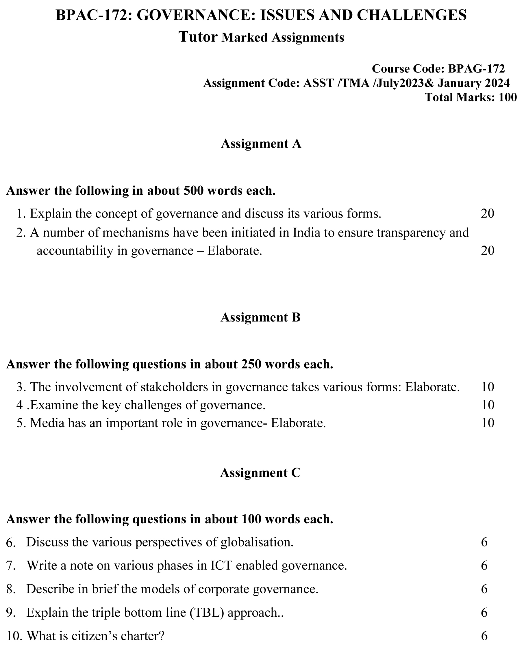 BPAG-172 - Governance: Issues and Challenges-July 2023 - January 2024