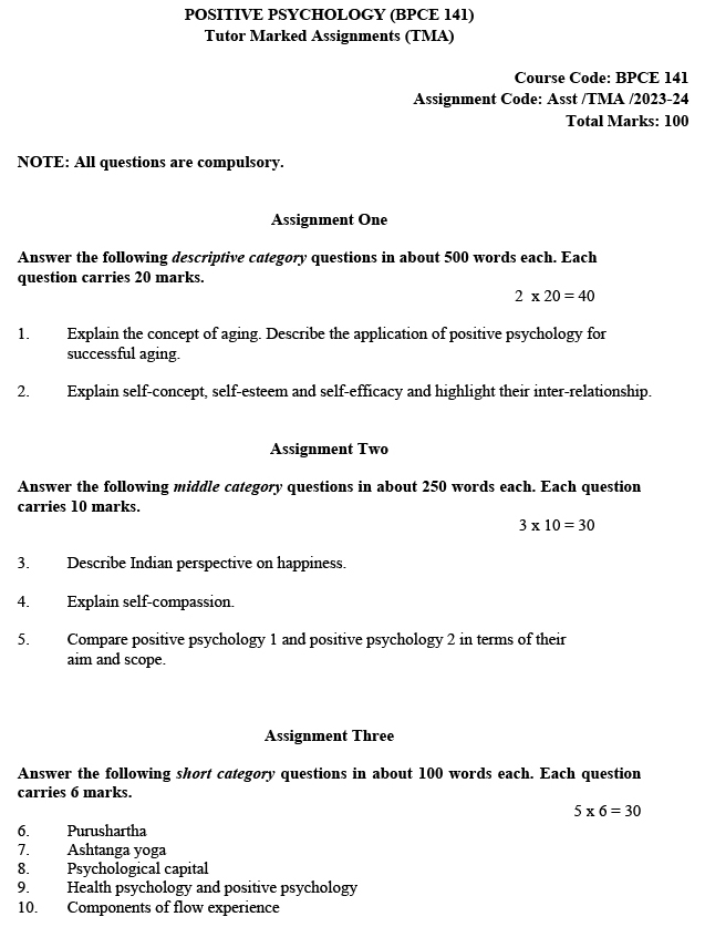 BPCE-141 - Positive Psychology-July 2023 - January 2024