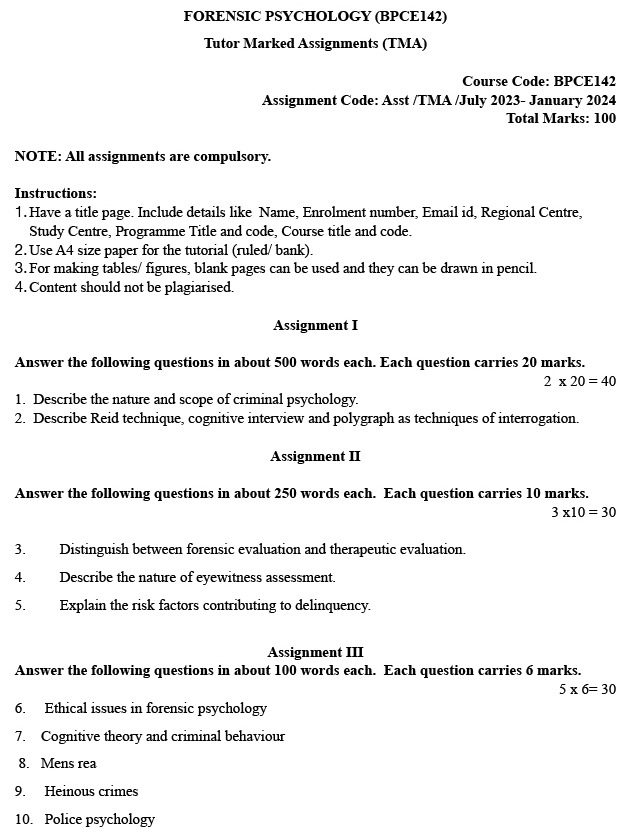 BPCE-142 - Forensic Psychology-July 2023 - January 2024