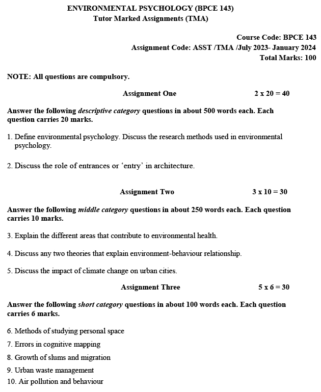 BPCE-143 - Environmental Psychology-July 2023 - January 2024