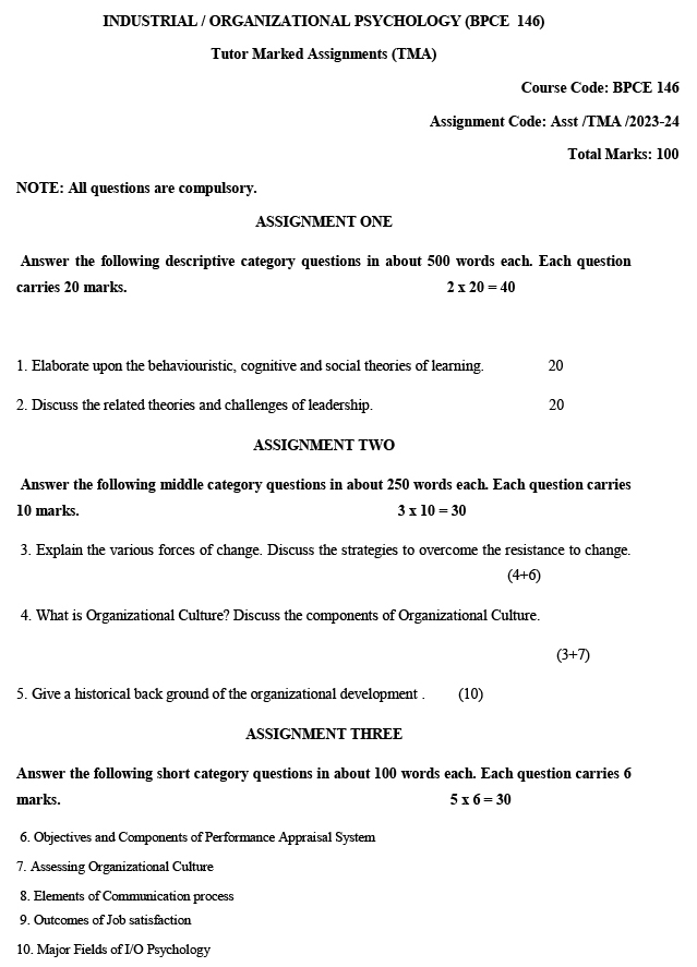 BPCE-146 - Industrial/Organisational Psychology-July 2023 - January 2024