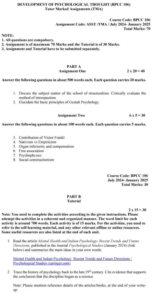 BPCC-106 - Development of Psychological Thought-July 2024 - January 2025