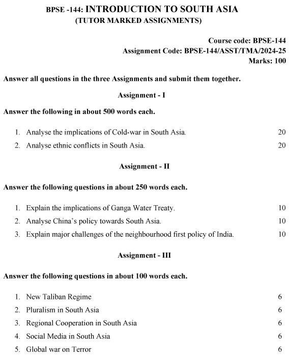 BPSE-144 - Introduction to South Asia-July 2024 - January 2025