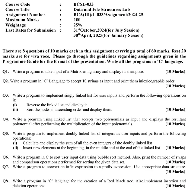 BCSL-33 - Data and File Structures Lab-July 2024 - January 2025