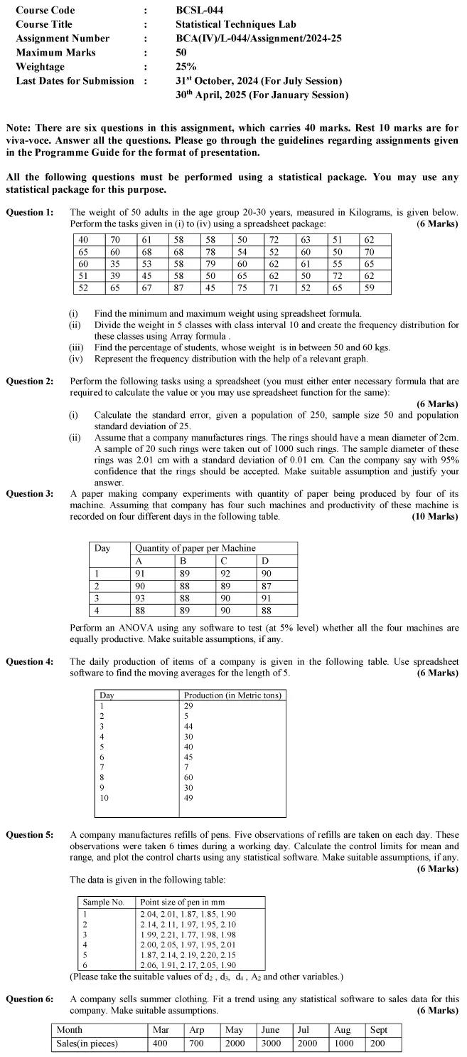 BCSL-44 - Statistical Techniques Lab-July 2024 - January 2025