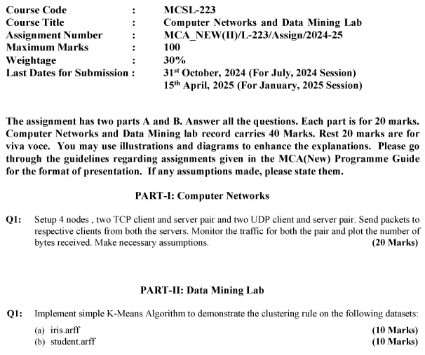 MCSL-223 - Computer Networks and Data Mining Lab-July 2024 - January 2025