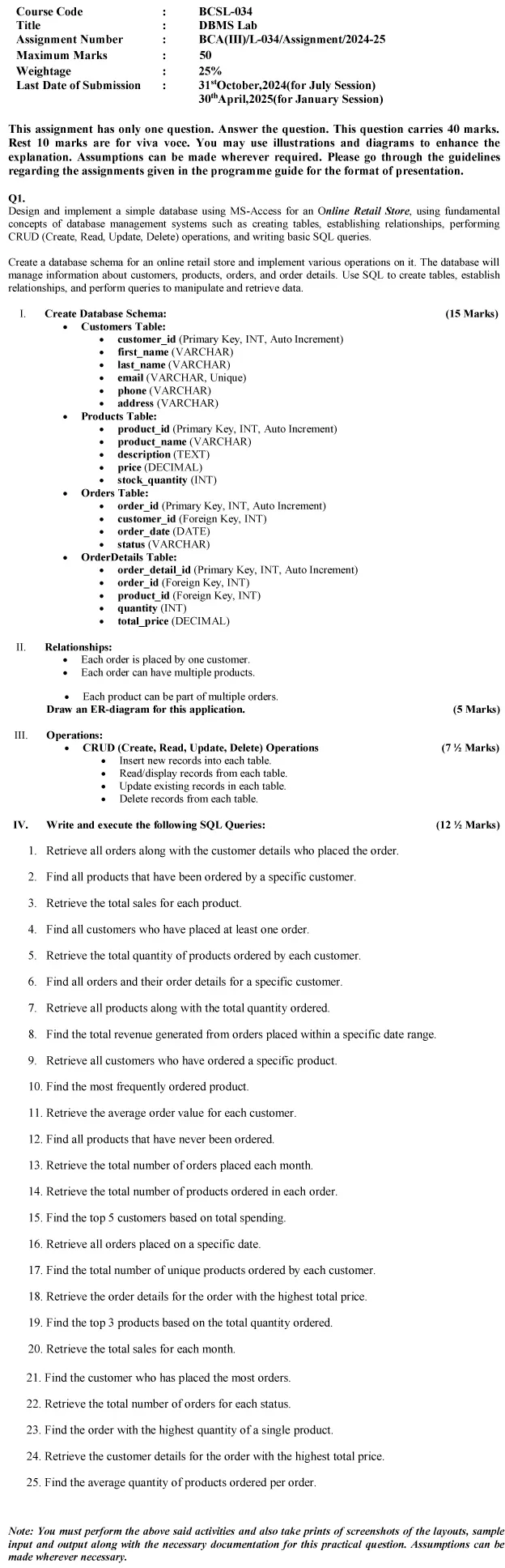 BCSL-34 - DBMS Lab-July 2024 - January 2025