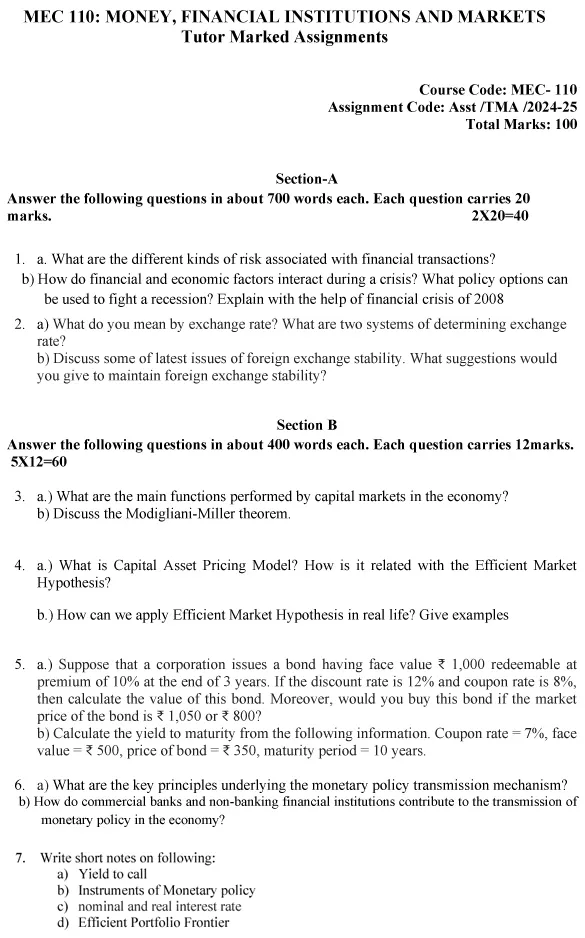 MEC-110 - Money,Financial Institutions and Markets-July 2024 - January 2025