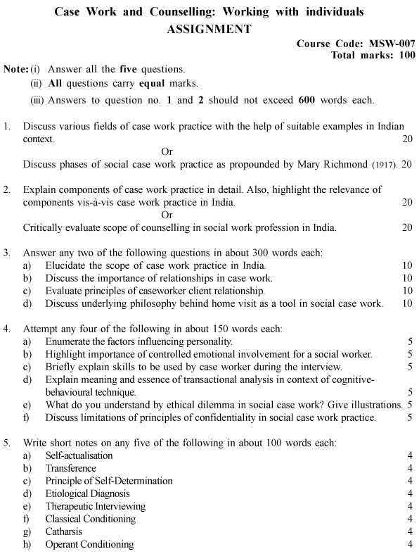 MSW-07 - Case work and Counselling: Working with Individuals-July 2024 - January 2025