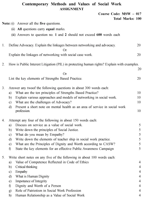 MSW-17 - Contemporary Methods and Values of Social Work-July 2024 - January 2025