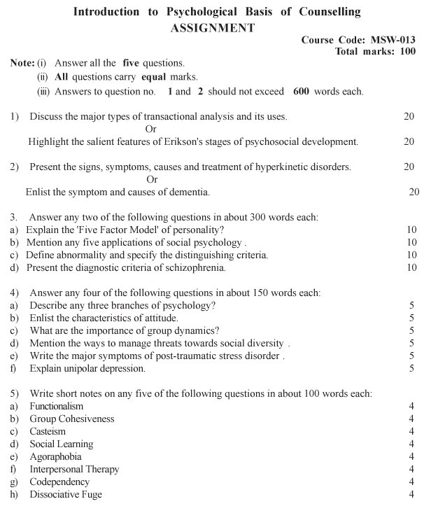 MSW-13 - Introduction to Psychological Basis of Counselling-July 2023 - January 2024