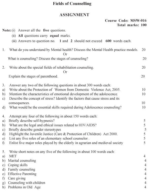 MSW-16 - Fields of Counselling-July 2023 - January 2024