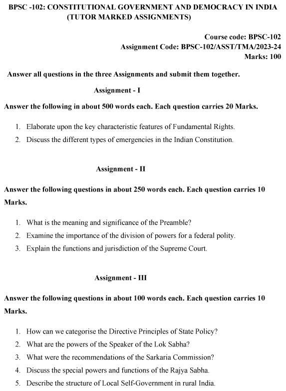 BPSC-102 - Constitutional Government and Democracy in India-July 2023 - January 2024