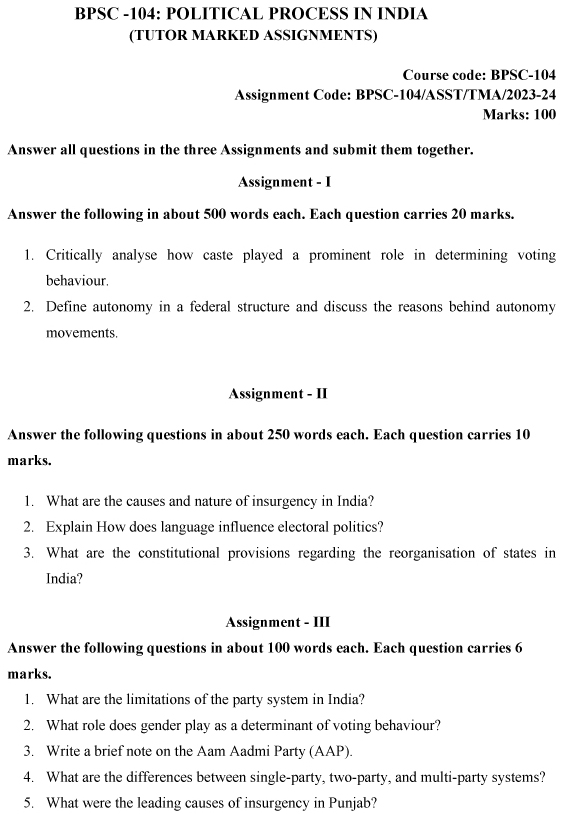 BPSC-104 - Political Process in India-July 2023 - January 2024