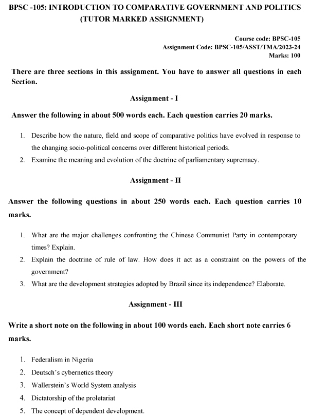 BPSC-105 - Introduction to Comparative Government and Politics-July 2023 - January 2024