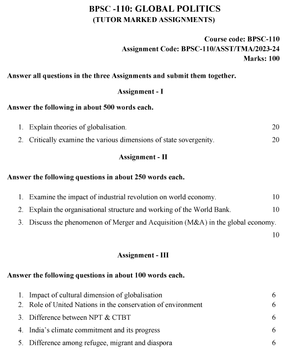 BPSC-110 - Global Politics-July 2023 - January 2024