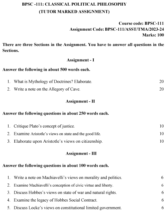 BPSC-111 - Classical Political Philosophy-July 2023 - January 2024