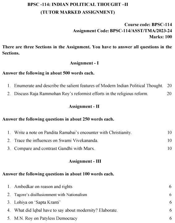 BPSC-114 - Indian Political Thought-II-July 2023 - January 2024