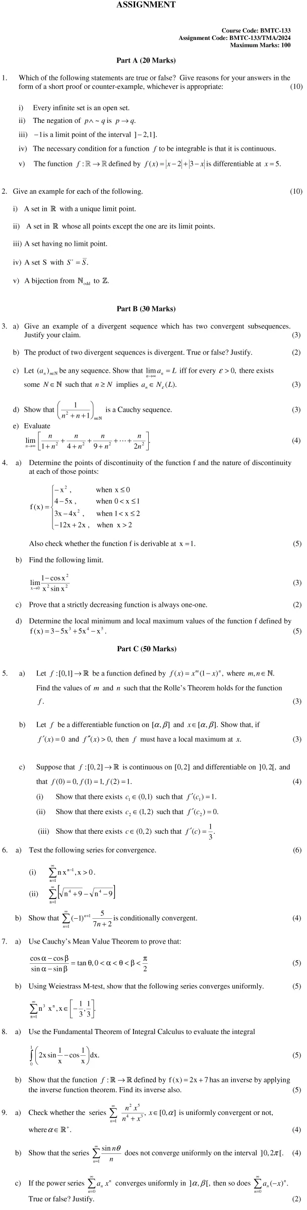 BMTC-133 - Real Analysis-January 2024 - December 2024