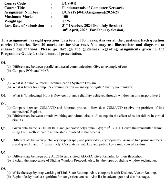 BCS-41 - Fundamentals of Computer Networks-July 2024 - January 2025