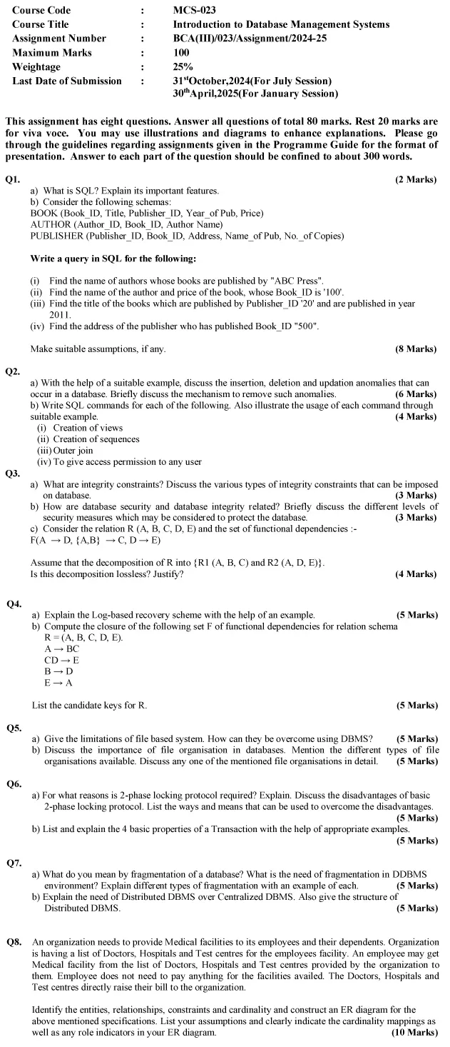 MCS-23 - Introduction to Database Management Systems-July 2024 - January 2025
