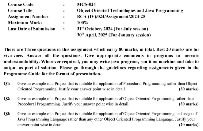 MCS-24 - Object Oriented Technologies and Java Programming-July 2024 - January 2025