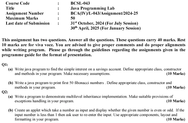 BCSL-43 - Java Programming Lab-July 2024 - January 2025