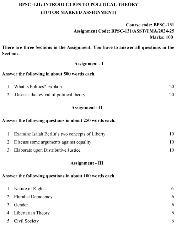 BPSC-131 - Introduction to Political Theory-July 2024 - January 2025