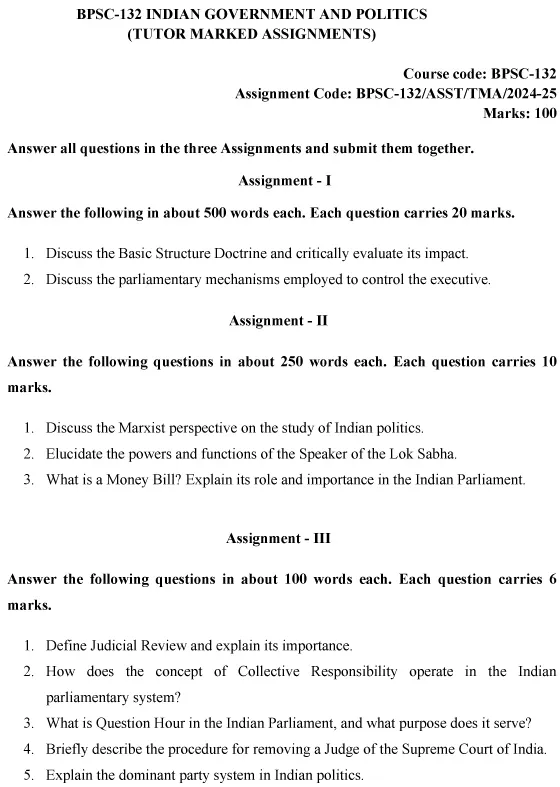 BPSC-132 - Indian Government and Politics-July 2024 - January 2025