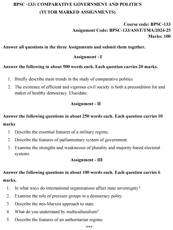 BPSC-133 - Comparative Government and Politics-July 2024 - January 2025