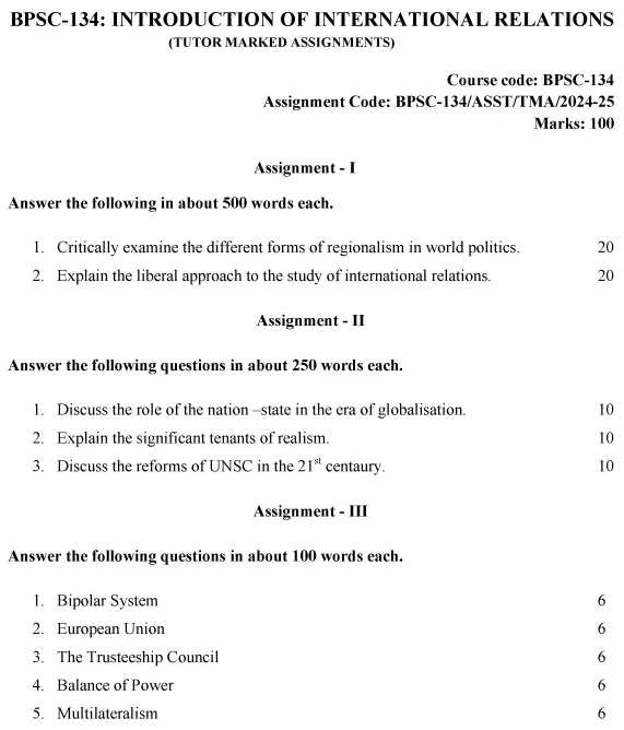 BPSC-134 - Introduction to International Relations-July 2024 - January 2025