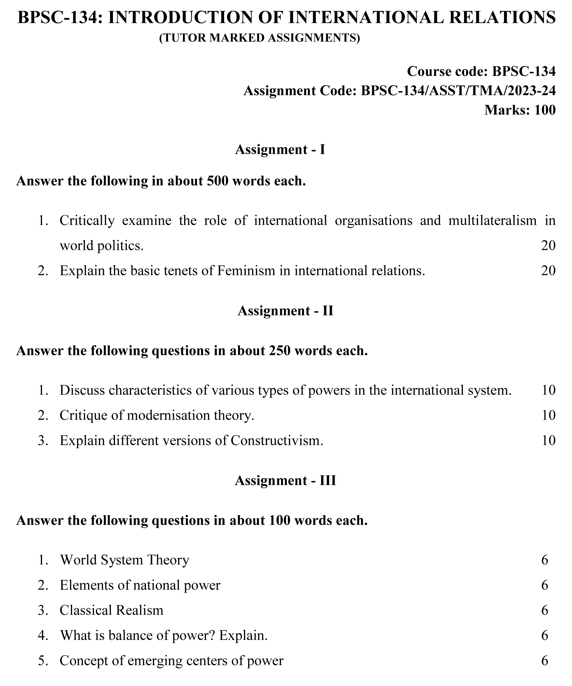 BPSC-134 - Introduction to International Relations-July 2023 - January 2024